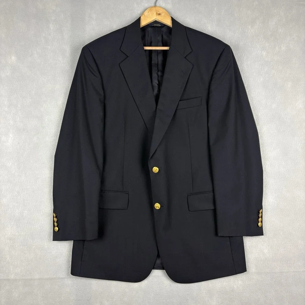 Brooks Brothers Loro Piana Blazer Mens 40R Black Gold Button Brooksease Wool USA